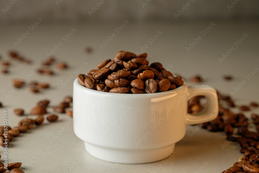 Coffee beans overflow from a white cup, creating a rustic coffee ambiance Coffee beans overflow from a white cup, creating a rustic coffee ambiance