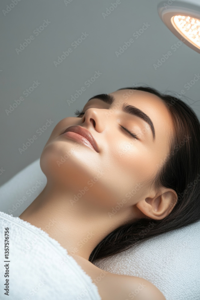 woman enjoys relaxing facial treatment under soft light, highlighting her smooth skin and serene expression woman enjoys relaxing facial treatment under soft light, highlighting her smooth skin and serene expression