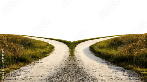 two diverging countryside paths in a green field leading into the distance isolated png transparent cutout