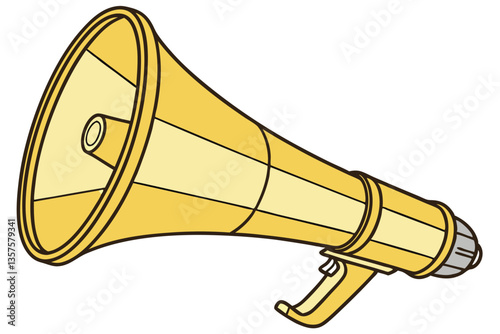 12 Yellow megaphone, golden bullhorn, iconic amplification device, glossy finish, retro design, communication tool, loud speaker, announcement equipment, 3D rendering, isolated on white background, cl