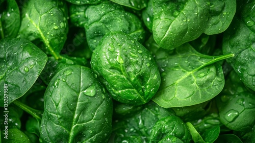 Top view of fresh green spinach leaves with water droplets on them, a plant background