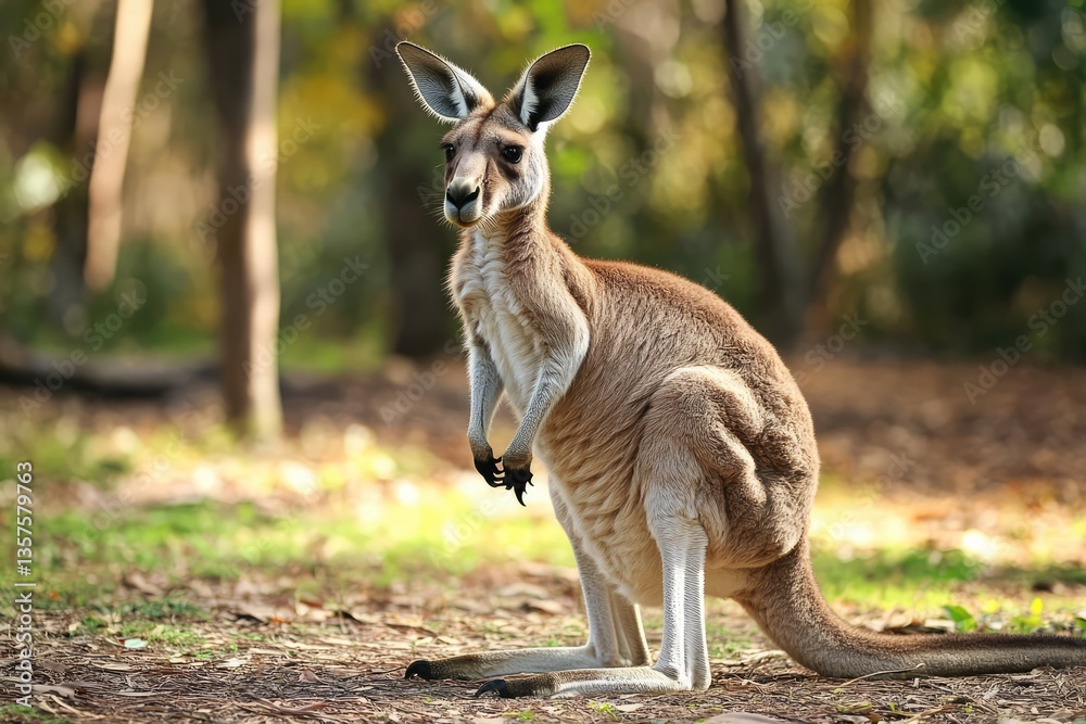 Fototapeta premium Australian Kangaroo: A majestic kangaroo stands alert amidst the dappled sunlight of an Australian landscape, its powerful physique and watchful gaze capturing the essence of the outback.