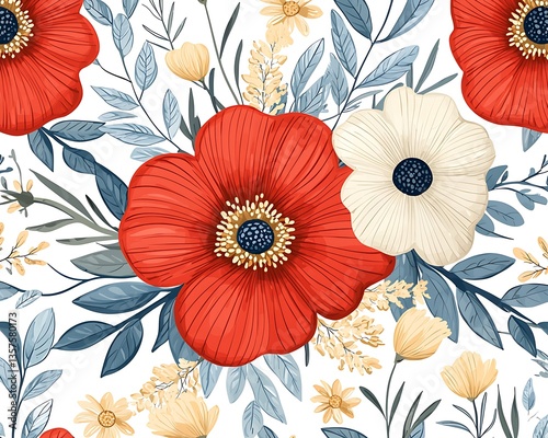 Red  White Floral Seamless Pattern.
