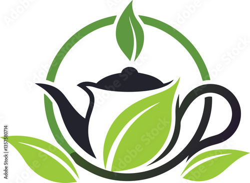 Teapot surrounded by lush green leaves logo design