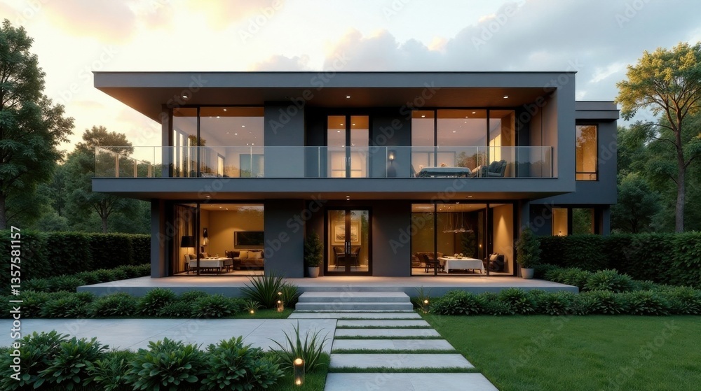 Fototapeta premium Modern Two-Story Residence with Expansive Glass Walls and Serene Landscaping at Dusk