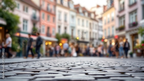 Low-angle view of a cobblestone street leading to a blurred crowd of people walking and shopping in a charming European city during the evening
