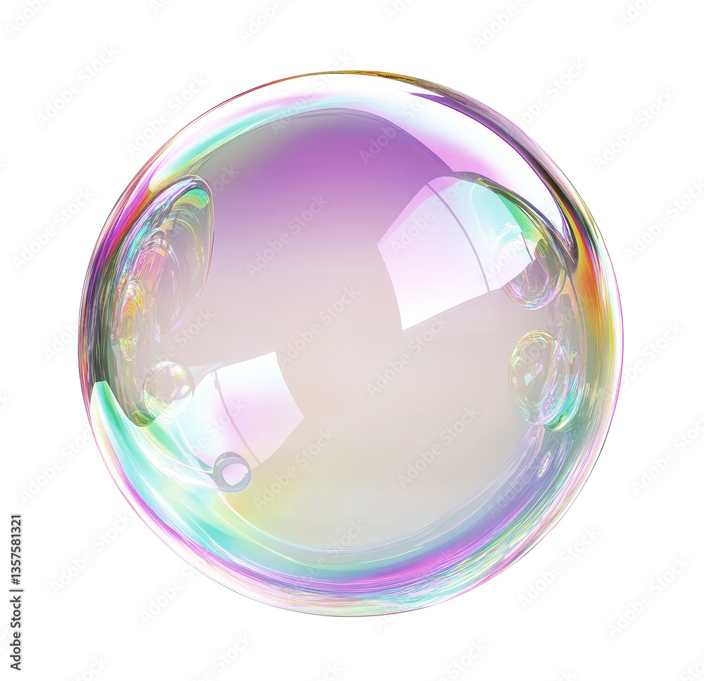 Obraz premium Soap bubbles floating on transparent background. Water foam bubbles with rainbow colors. Glossy translucent rainbow-colored spheres flare in air. Soap wtite balloon.