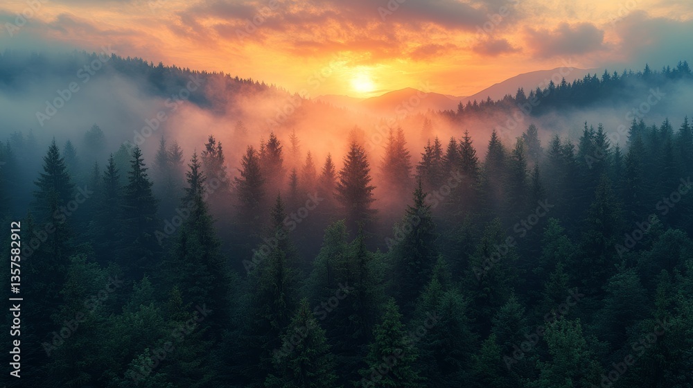Obraz premium In the morning foggy forest, golden hour lighting, colorful mountains in the distance, dense trees, a stunning sunrise, a misty forest