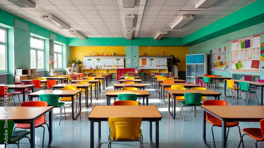 Empty sunny classroom with chairs under desks in elementary school. School during vacation or holidays, A teaching classroom without student during term break or the end of semester in kindergarten