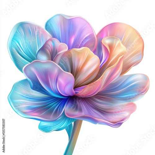 Iridescent Flower of Pastel Hues in Twilight Garden, Swirling Colors of Blue, Pink, and Orange Evoke Chemistry and Beauty
