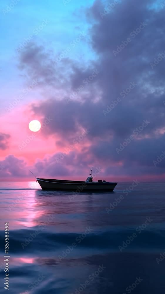 Serene sunset over calm waters with a silhouette of a ship against a colorful sky Serene sunset over calm waters with a silhouette of a ship against a colorful sky