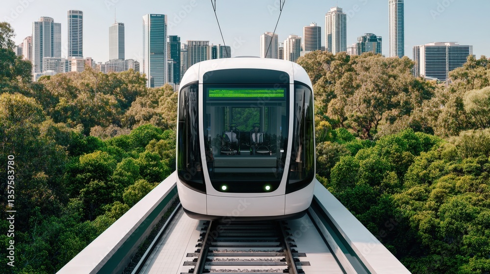 Naklejka premium Carbon-neutral cities renewable and innovation, A modern tram glides along elevated tracks surrounded by lush greenery and a skyline of skyscrapers.