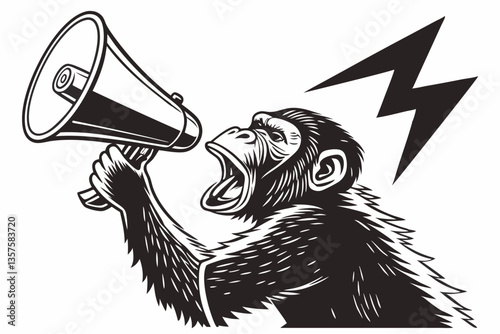 14 chimpanzee, megaphone, black and white photograph, vintage style, humorous, anthropomorphic, primate communication, loud, expressive, speaking, animal behavior, side profile, contrasting tones, det