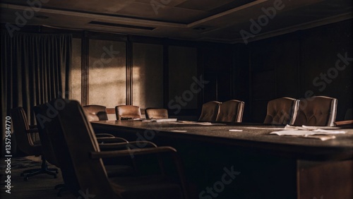 an abandoned meeting room with a long table and empty chairs. Sunlight streams through the window, creating a mysterious ambiance