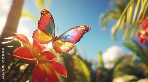 Vibrant rainbow butterfly on tropical bloom in sunlit garden landscape
