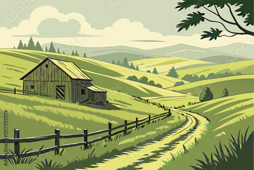 15 Rolling green hills, lush grassland, rustic wooden barn, distant horizon, split-rail fence, country road, rural landscape, pastoral scene, farmland, green meadow, weathered wood, tranquil countrysi
