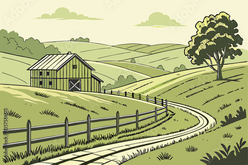15 Rolling green hills, lush grassland, rustic wooden barn, distant horizon, split-rail fence, country road, rural landscape, pastoral scene, farmland, green meadow, weathered wood, tranquil countrysi