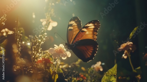 Beautiful butterfly resting on flowers in sunlit garden