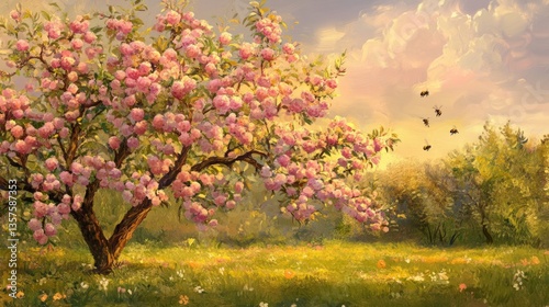 Cherry blossom tree in bloom with bees in a sunlit meadow