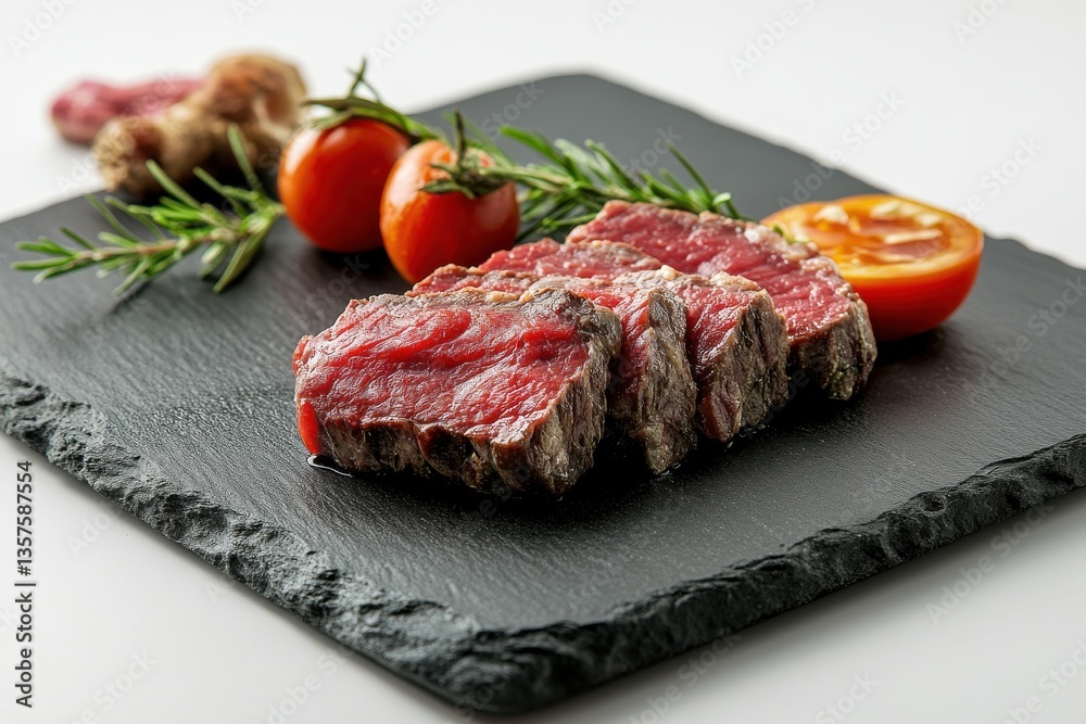 Savoring flavorful grilled steak slices garnished with fresh herbs and cherry tomatoes on an elegant black slate platter Savoring flavorful grilled steak slices garnished with fresh herbs and cherry tomatoes on an elegant black slate platter