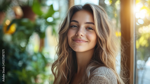 Portrait of a young woman with long brown hair smiling gently near a girl