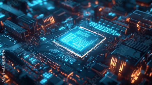 Close-up of modern circuit board with glowing cpu in blue and orange lights