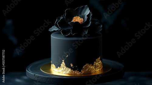 A black and gold luxury cake with a matte black fondant base, decorated with gold leaf accents and a hand-crafted sugar flower centerpiece