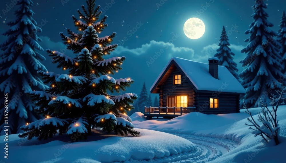 Fototapeta premium Snowflakes gently falling on a peaceful fir tree under a bright full moon shining through the windows of a cozy cabin, serene, snowy woods