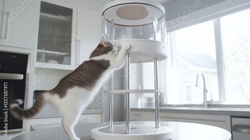 Curious cat exploring modern rotating food dispenser in sunny kitchen