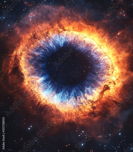 Nebula in space, glowing with orange and blue flames, the eye surrounded by nebulae, stars shining around it.