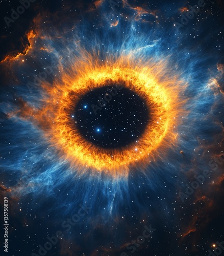 Nebula in space, glowing with orange and blue flames, the eye surrounded by nebulae, stars shining around it.