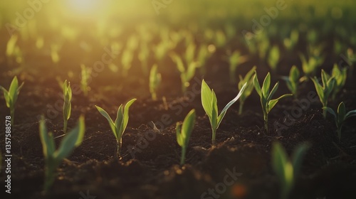 Foto Young corn sprouts growing in the soil, blurred background