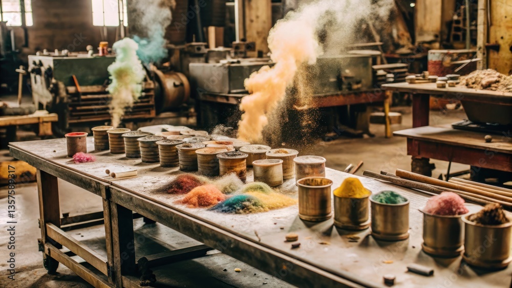 Obraz premium Colorful powder in a workshop with smoke rising from it