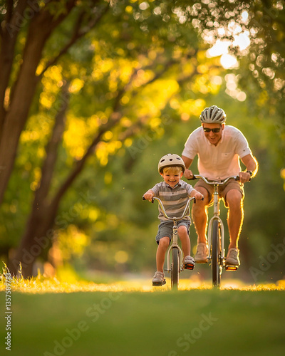 Father teaching his young son how to ride a bicycle in the park, golden hour lighting, genuine smiles, lush green background, natural motion blur 