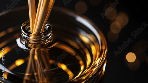 Wallpaper Mural A macro shot of aroma sticks absorbing essential oil inside a luxury crystal diffuser bottle, intricate reflections on a glossy black surface Torontodigital.ca
