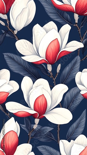 Red  White Magnolia Seamless Pattern.