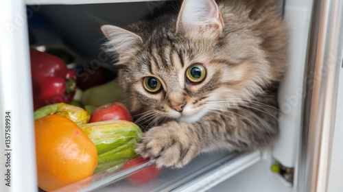 Fluffy cat exploring refrigerator filled with fruits and vegetables