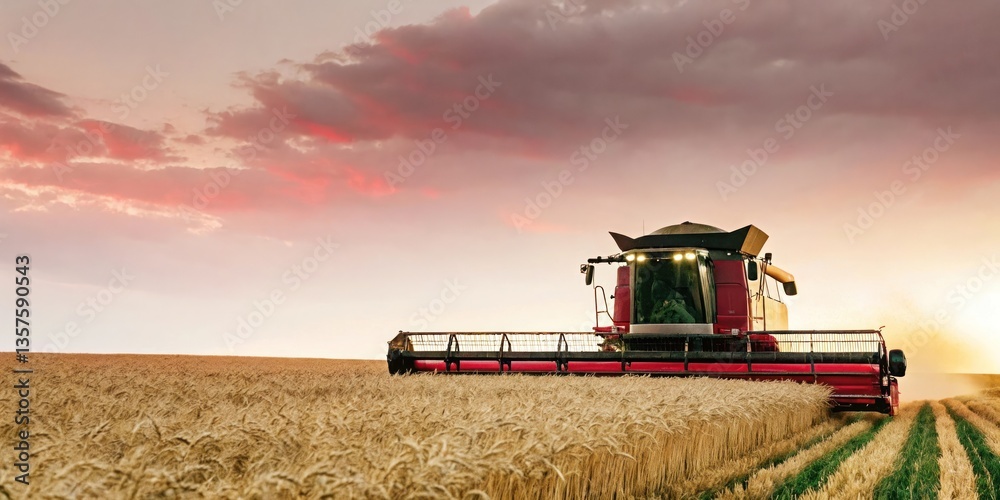 Fototapeta premium a harvester working in a golden wheat field at sunset. The machine moves through the tall grain, leaving behind neat rows