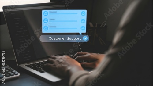 a person using a laptop with customer support concept pop up window