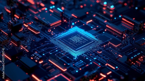 Futuristic microchip with neon lights on circuit board