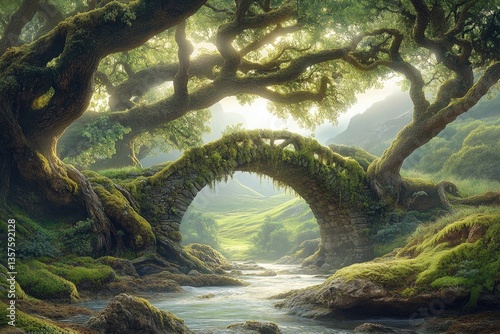 Sunlit stone arch bridge in a mossy, enchanted forest