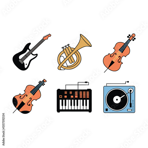 2d vector illustration icon cool entertainment cartoon character  music tools (Drum , Music Note , Headphones ,Microphone , Piano , Guitar ,Record) 
