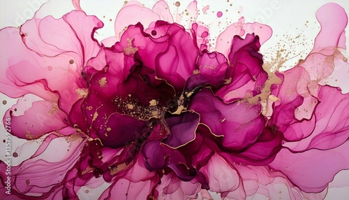 Alcohol ink magenta paint  floral flower bloom pattern marbled abstract painting blot free-flowing paints fluid art background wallpaper gold white backgrounds backdrop