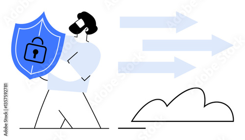 Person holding secure shield with a lock fending off incoming arrows near a cloud. Ideal for cybersecurity, privacy, data protection, internet safety, encryption, online threats, secure storage. Flat