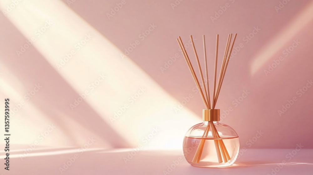 Close up of a small aroma diffuser with delicate hand-blown glass, minimalistic wooden reeds spreading fragrance, isolated on a soft gradient backdrop Close up of a small aroma diffuser with delicate hand-blown glass, minimalistic wooden reeds spreading fragrance, isolated on a soft gradient backdrop