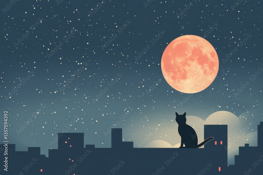 Naklejka premium Silhouette of cat on rooftop under starry sky and full moon