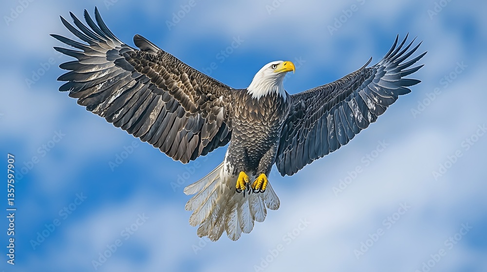Obraz premium Majestic Bald Eagle in Flight, Cloudy Sky