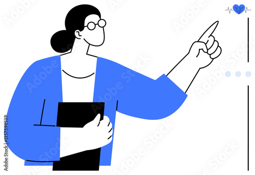 Woman in glasses holding folder, pointing towards heart with heartbeat line. Ideal for healthcare, wellness, education, medical advice, research presentation, communication, flat simple metaphor