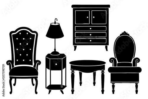 A set of vintage furniture illustrations displaying chairs, lamps, cabinets, and tables. Ideal for design, decoration, or retro-themed projects.


