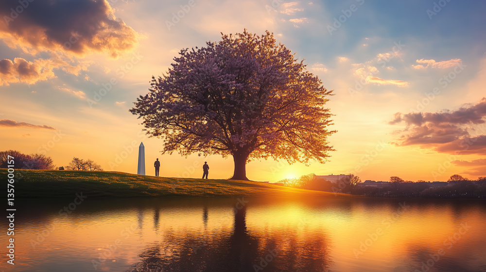Fototapeta premium Cherry Blossom Tree at Sunset Reflection by a Monument